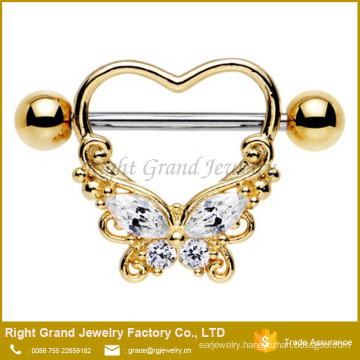 Heart Butterfly CZ Gems 316L Surgical Steel Gold Plated Nipple Ring